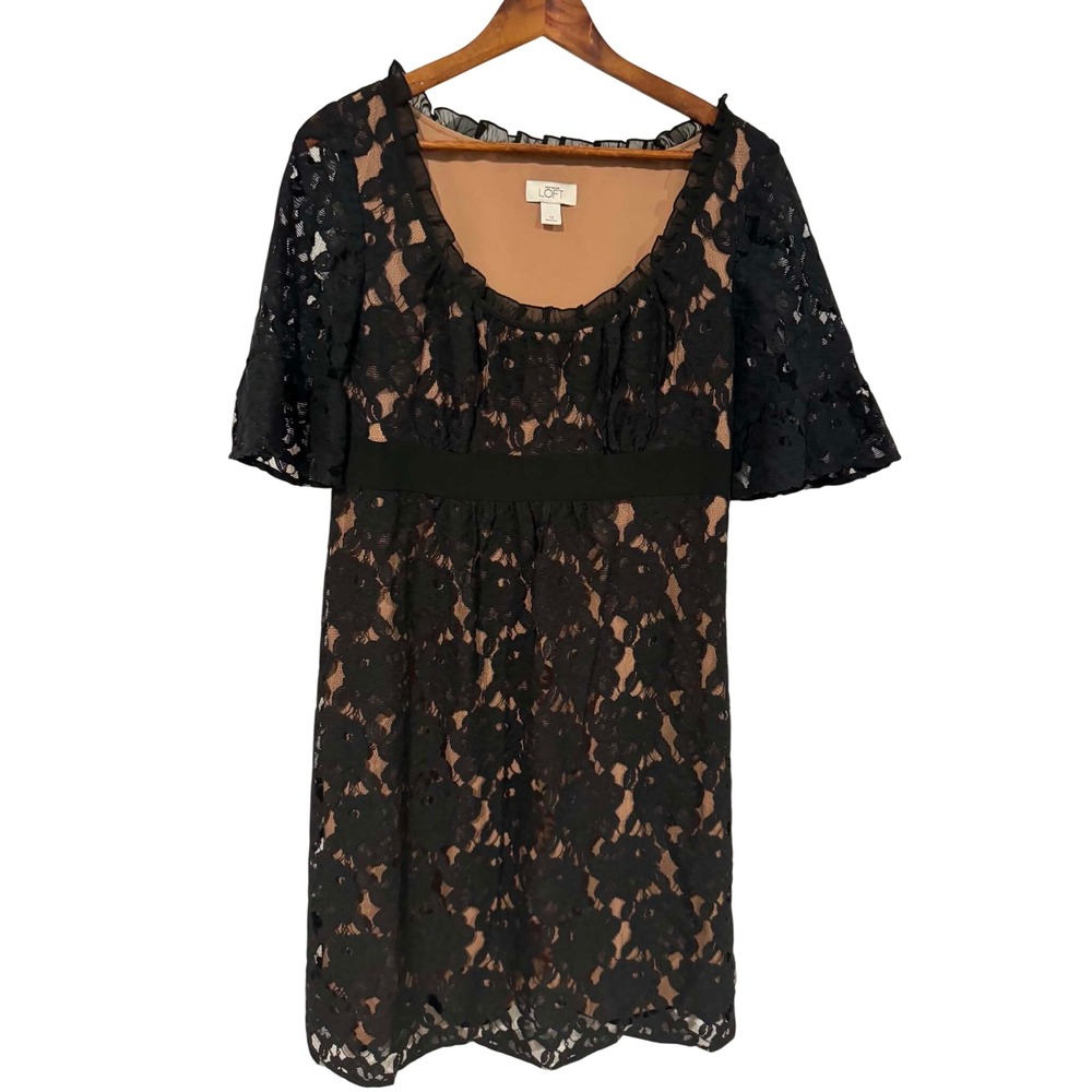 Ann Taylor LOFT Lace Dress Womens 10 Black Excellent Empire Waist Bell Sleeve